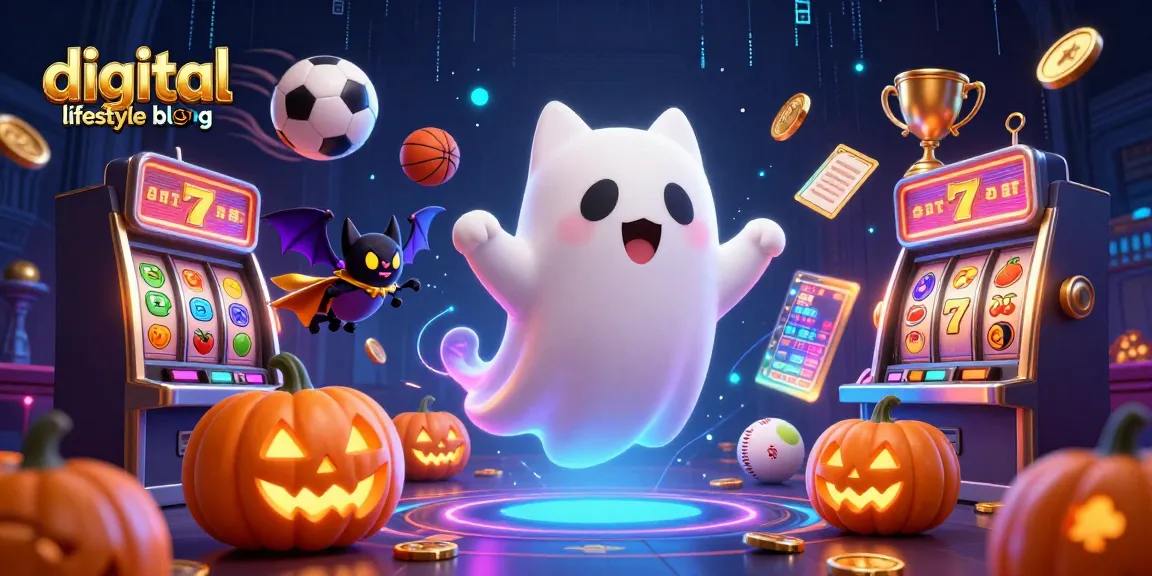 A ghost cat navigates a haunted casino while showcasing vibrant sports motifs on a digital lifestyle blog illustration.