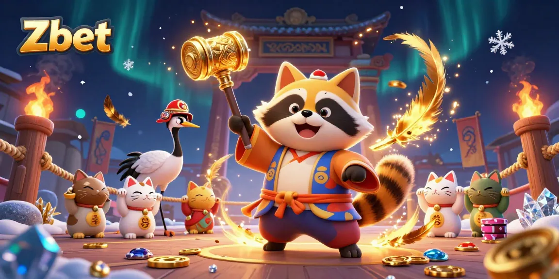 Zbet showcases a dynamic celebration with tanuki, crane, and maneki-neko in a festive gambling scene.