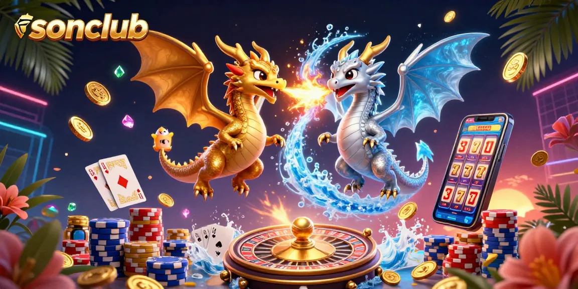 Engage in thrilling gameplay at sonclub with twin dragons and vibrant casino elements in a rich 3D illustration.