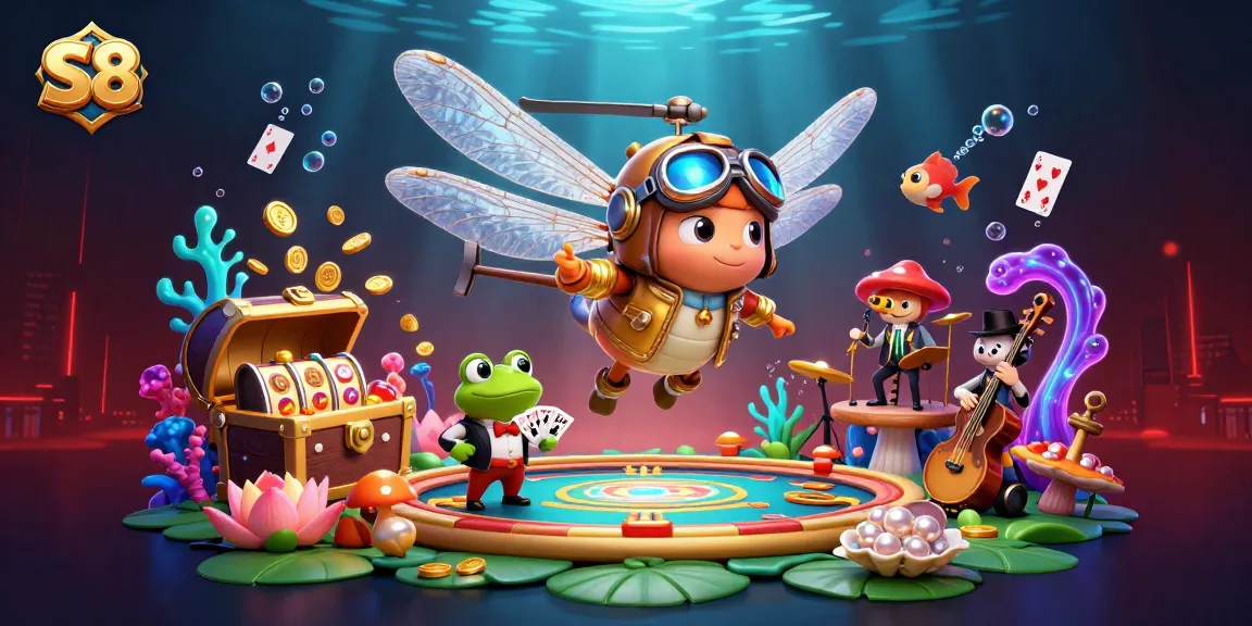S8 players engage with a colorful lily pad casino scene featuring a dragonfly pilot and frog croupier, highlighting thrilling slot gameplay.