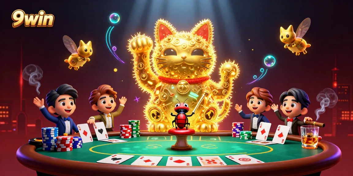 Engage with 9win's vibrant casino world featuring a lucky cat crafted from animated fireflies and dynamic poker elements.