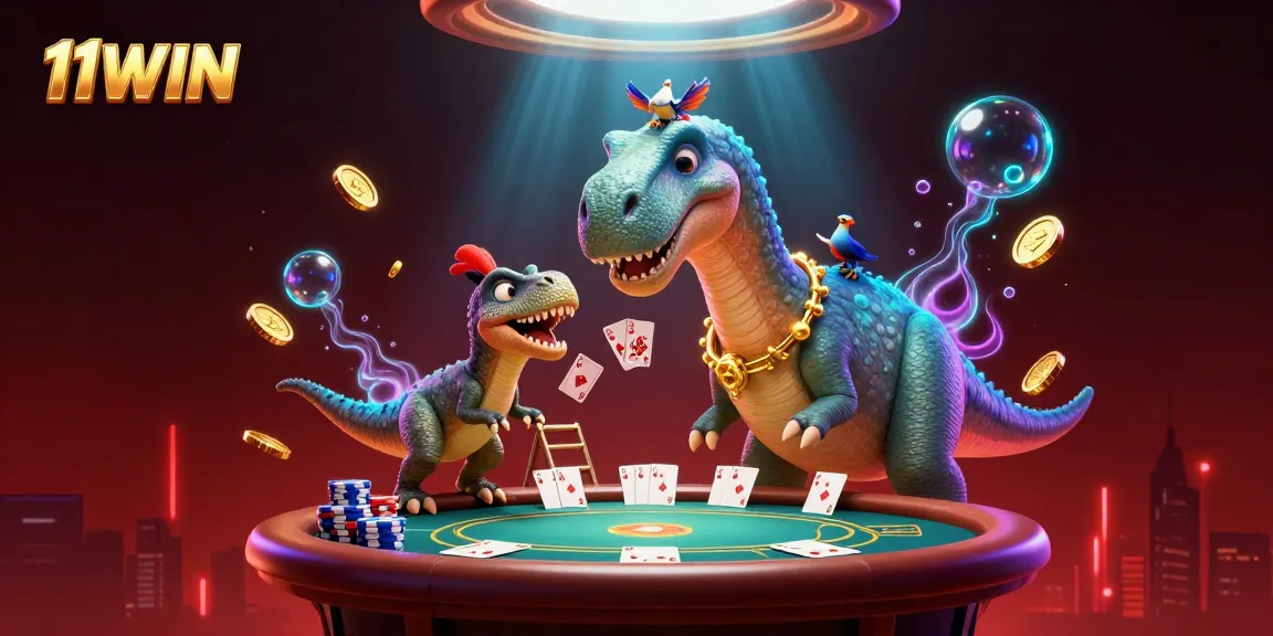 Engaging scene showcasing 11WIN with a giant brontosaurus and poker game elements in a vibrant casino