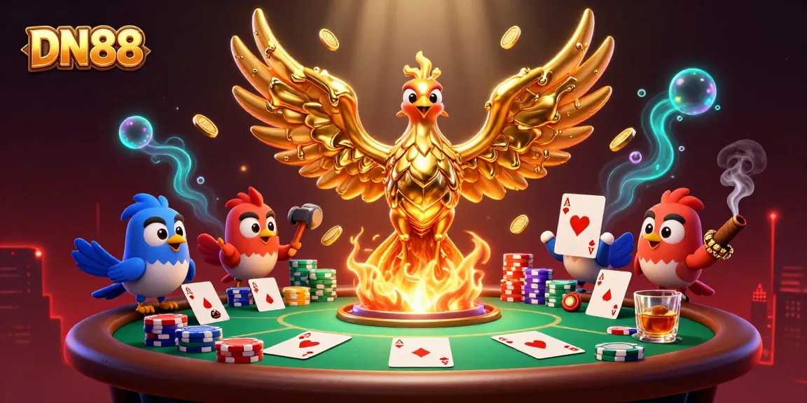 Experience thrilling gameplay at DN88 with a molten golden phoenix and vibrant poker scene.