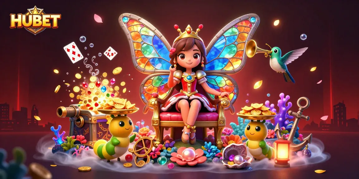 HUBET inspires excitement with a colorful casino scene featuring a butterfly queen and dynamic gambling elements.
