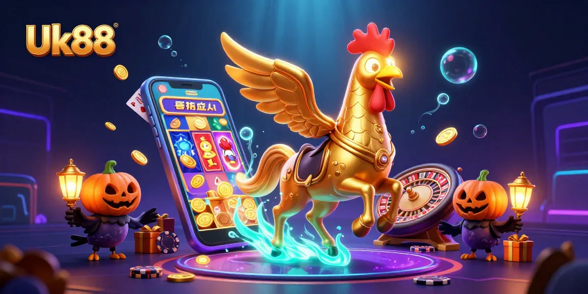 Engage with Uk88's thrilling slot adventures featuring a golden rooster and vibrant casino elements.