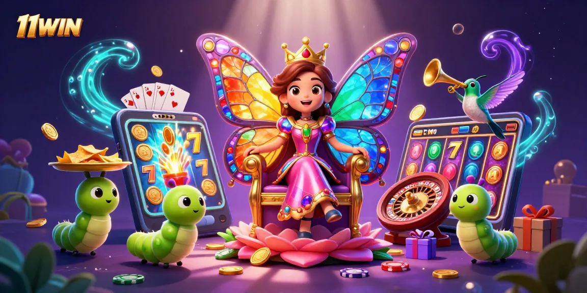 Experience the excitement of 11WIN with a vibrant scene featuring a butterfly queen and casino elements.