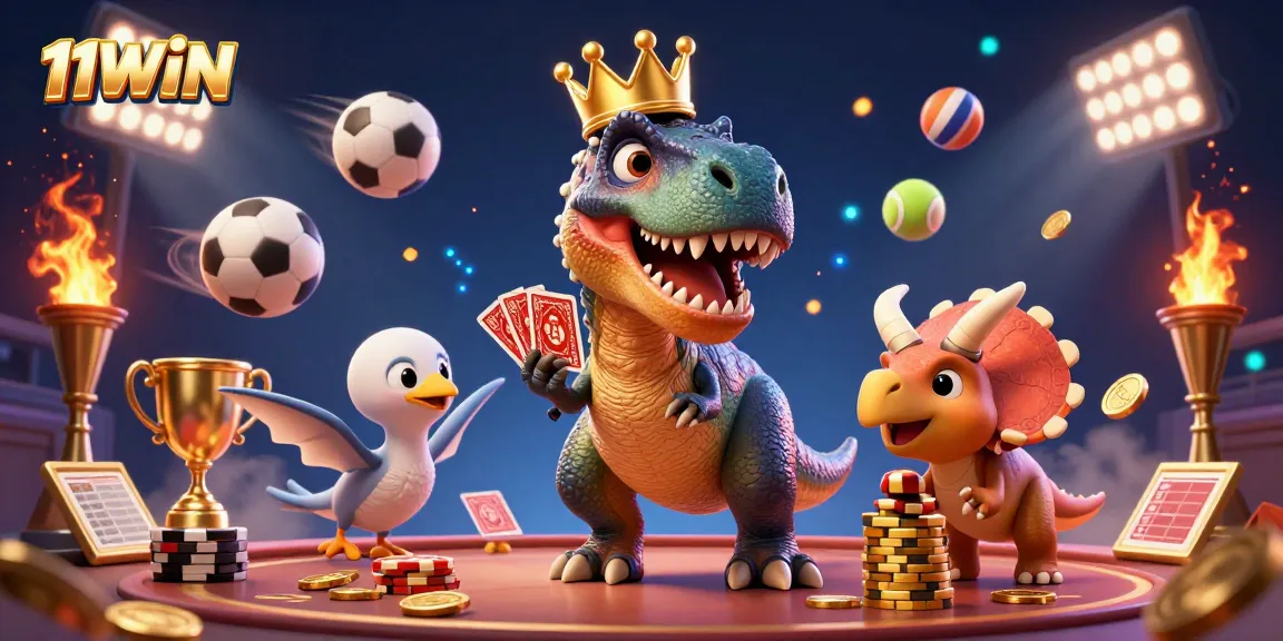 Engage with 11WIN's lively casino scene featuring playful characters and dynamic sports elements.