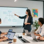 Teams engaging in a brainstorming session to build internal tools with AI in a modern office setting.