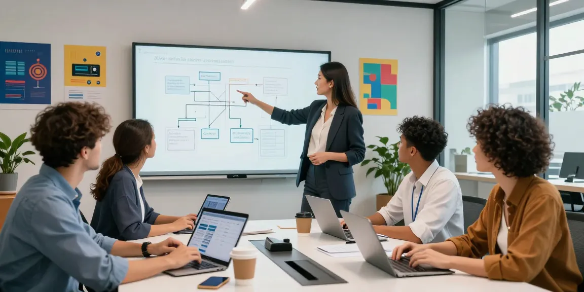 Teams engaging in a brainstorming session to build internal tools with AI in a modern office setting.