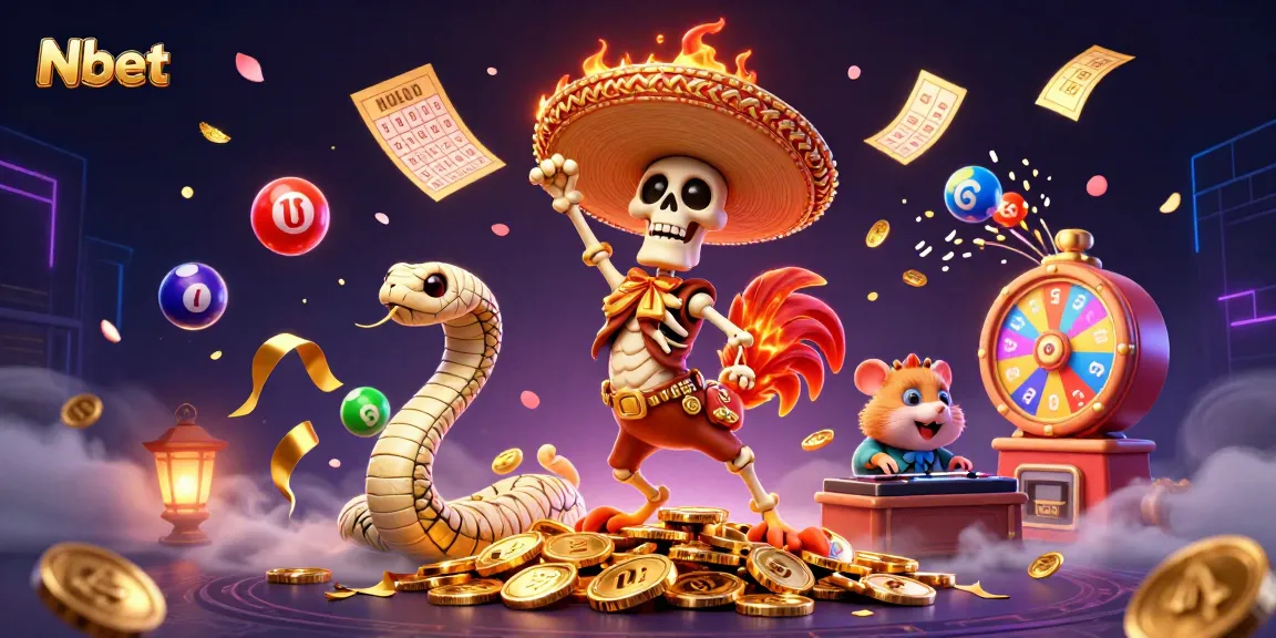 Nbet showcases exciting gaming action with colorful lottery balls and dynamic casino characters.