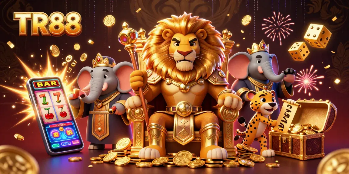 Experience the excitement of TR88's vibrant casino scene with a royal lion, wise elephant, and fast cheetah amidst jackpots.