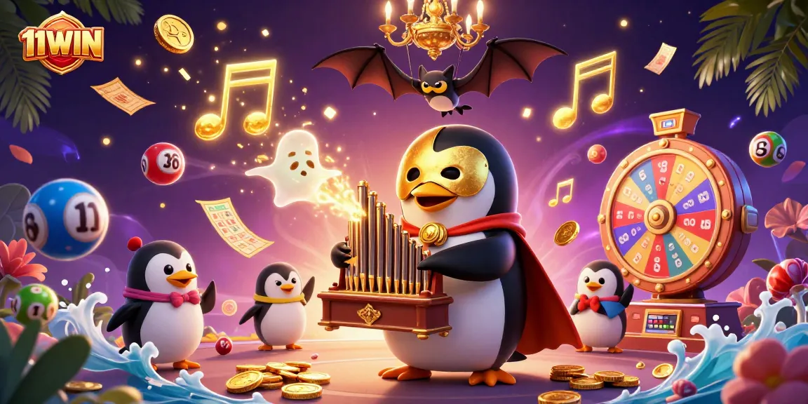 Experience the excitement of 11WIN with a vibrant casino scene featuring colorful lottery elements and characters.