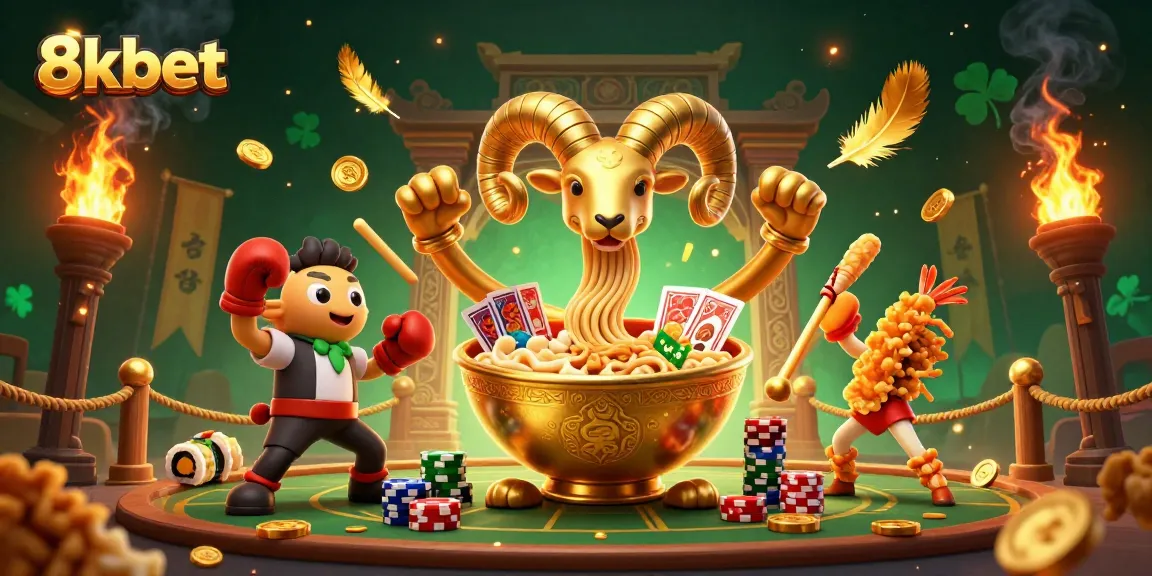 Engage with 8xbet's vibrant casino scene, featuring a golden ramen bowl dealing cards alongside lively characters.