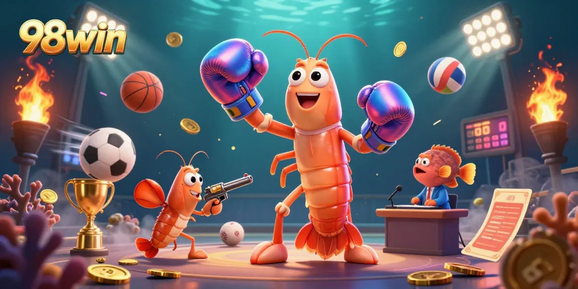 Experience thrilling action with 98win's vibrant casino scene featuring animated characters and festive elements.
