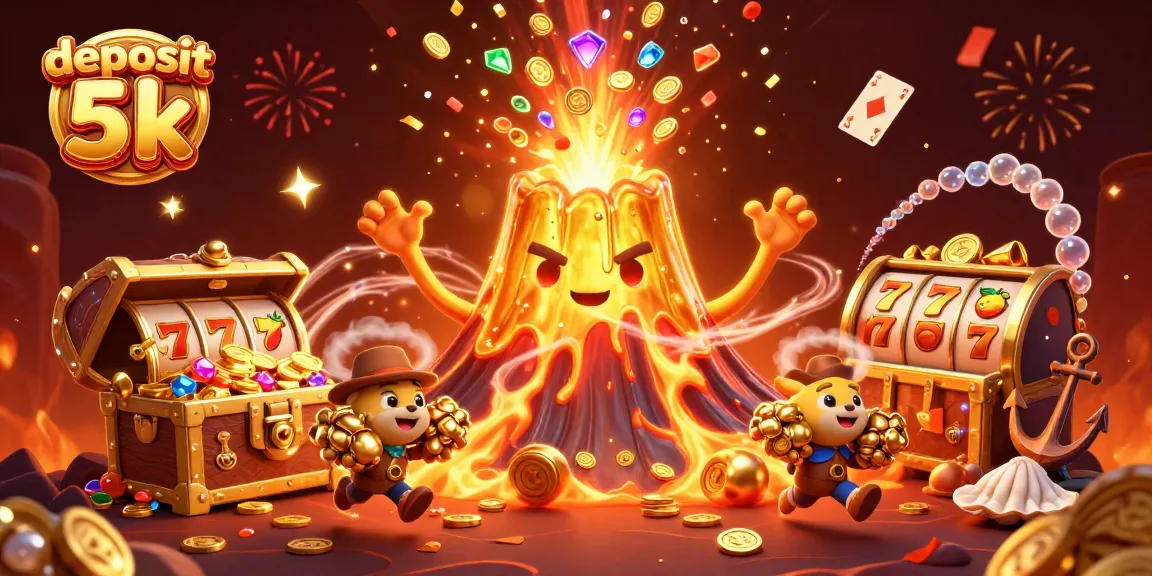 Experience the thrill of deposit 5k with a dynamic casino scene featuring a golden volcano erupting treasures.