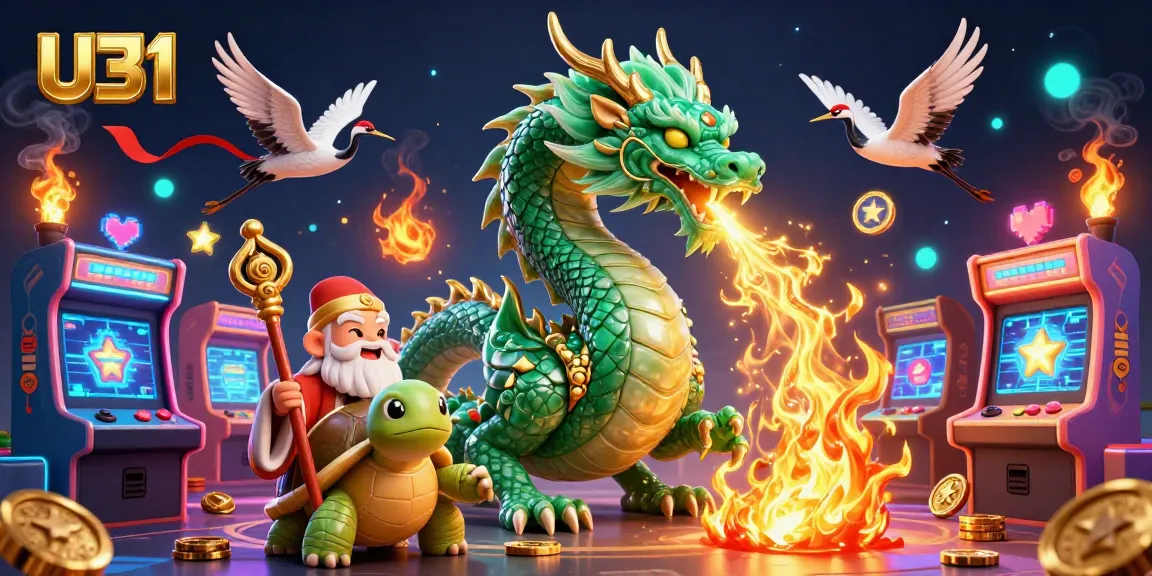 Engage with U31's thrilling dragon-themed casino experience featuring vibrant arcade elements and lucky icons.