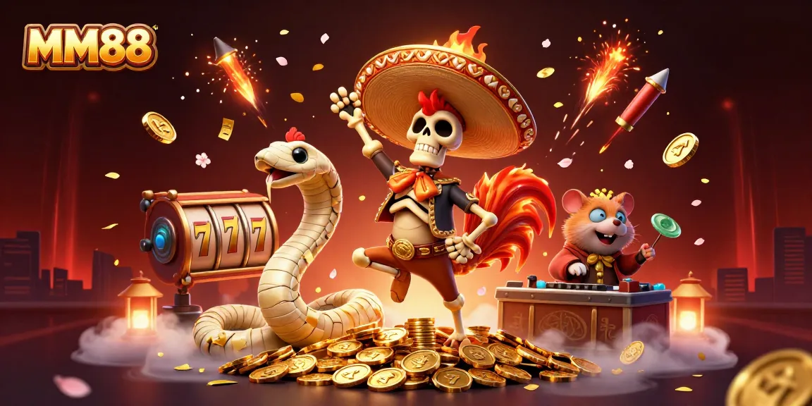 MM88 features a vibrant illustration of a skeleton rooster triumphantly celebrating among golden coins.