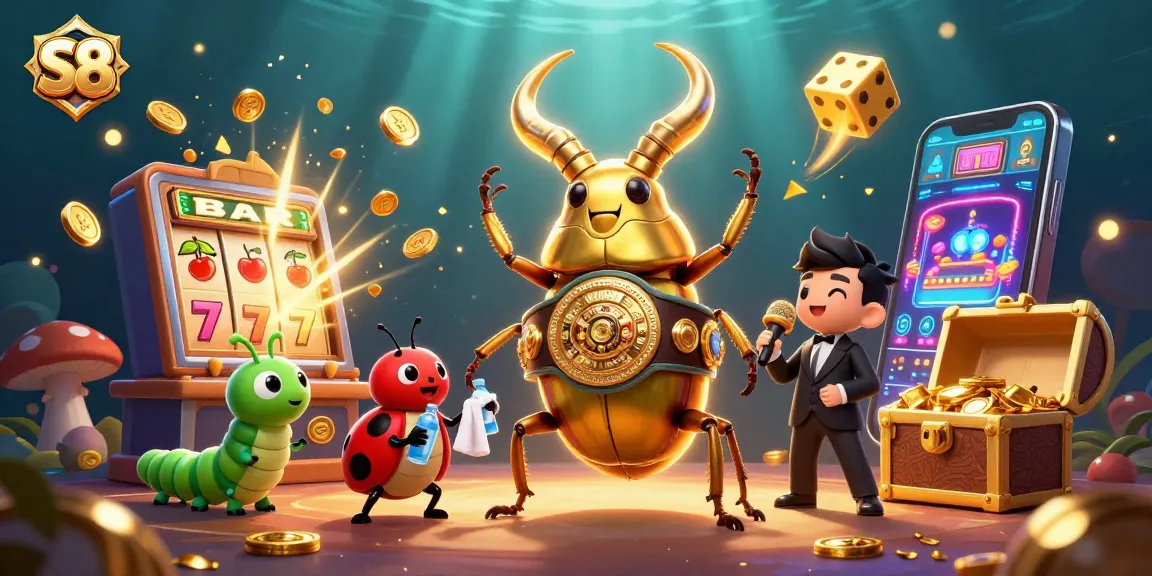 S8 features an ultra-detailed 3D scene with a heavyweight boxing beetle, showcasing vibrant casino elements for an engaging gaming experience.