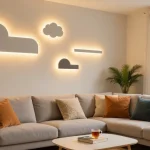 Aplica LED moderna în interiorul unui living cozy, iluminând atmosfera călduroasă.